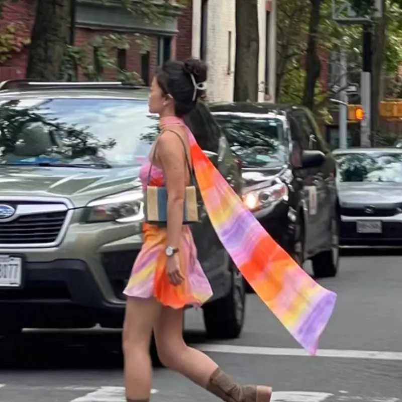 For Love Romantic Vacation Style Sweet and Spicy Dopamine Rainbow Backless Ribbon Hanging Neck Dress