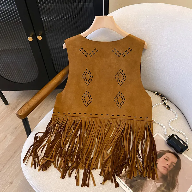 Ethnic Style Diamond Shaped Hollow Out Tassel Vest Outerwear Bohemian Style Travel Vest