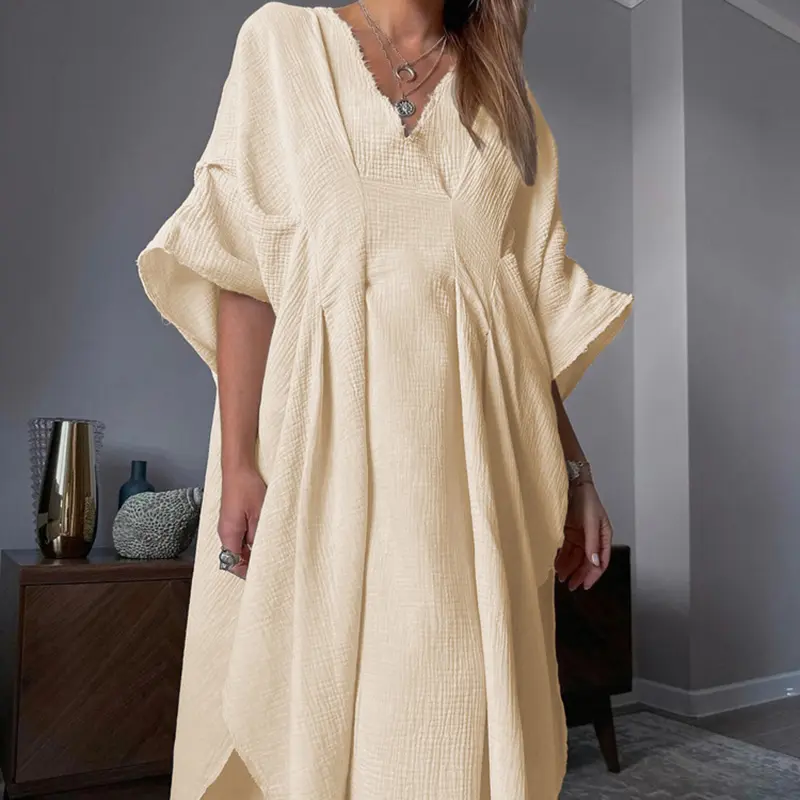 New Cotton Wrinkled Fabric V-neck Hoodie Long Skirt Loose Breathable Dress Women's Wear