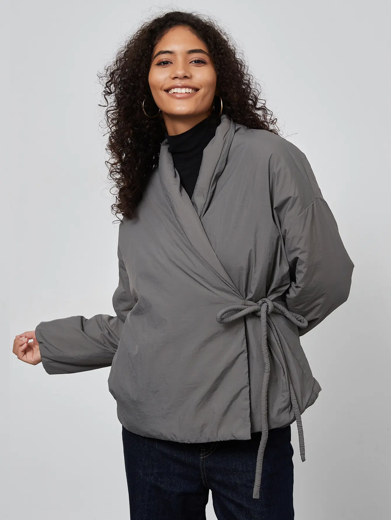 Women's Fashionable Double Breasted Lace Up Wrapped Cotton Jacket Solid Color Cotton Jacket Winter