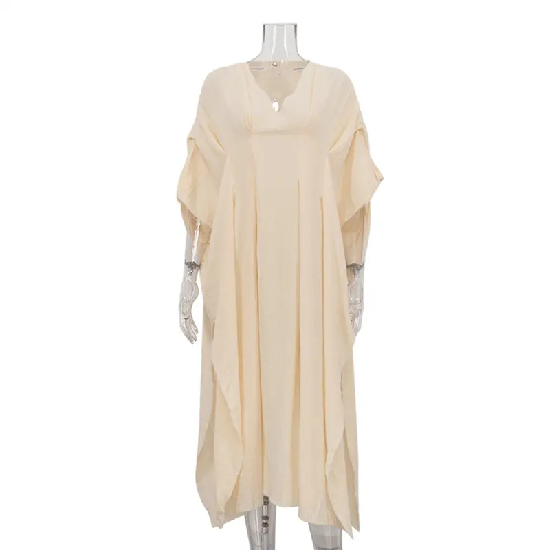 New Cotton Wrinkled Fabric V-neck Hoodie Long Skirt Loose Breathable Dress Women's Wear