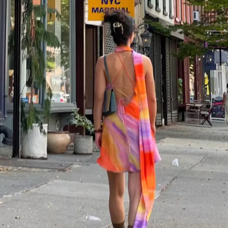 For Love Romantic Vacation Style Sweet and Spicy Dopamine Rainbow Backless Ribbon Hanging Neck Dress