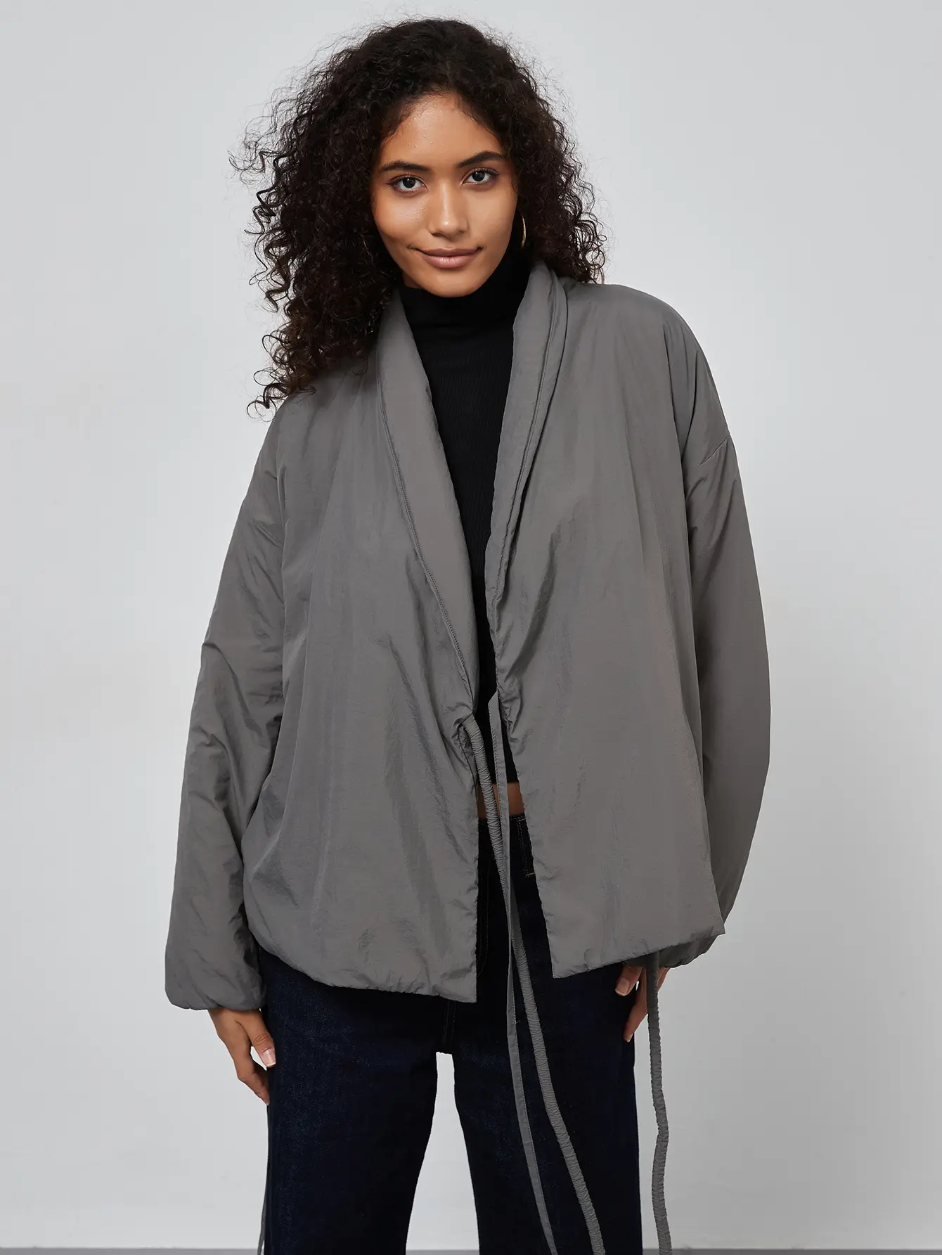Women's Fashionable Double Breasted Lace Up Wrapped Cotton Jacket Solid Color Cotton Jacket Winter