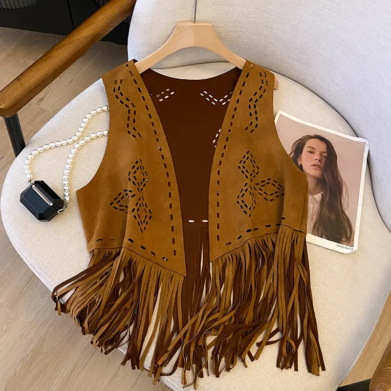 Ethnic Style Diamond Shaped Hollow Out Tassel Vest Outerwear Bohemian Style Travel Vest