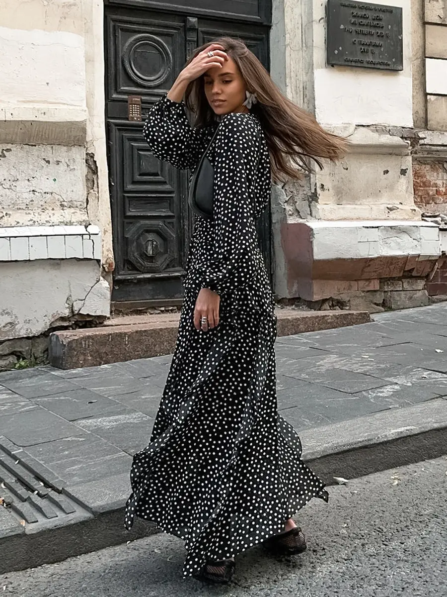 Women's Retro V-neck Bubble Sleeves Polka Dot Versatile Long Sleeves Ruffle Edge Slimming Dress