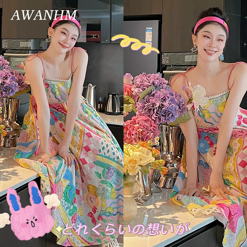 Summer Comfortable Holiday Romantic Oil Painting Print 4-meter Hem Loose Vintage Strap Dress Midi Dress