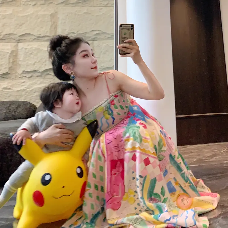 Summer Comfortable Holiday Romantic Oil Painting Print 4-meter Hem Loose Vintage Strap Dress Midi Dress