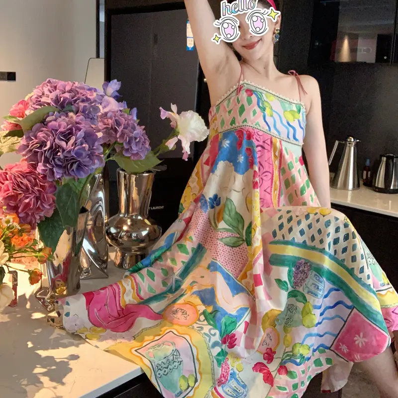 Summer Comfortable Holiday Romantic Oil Painting Print 4-meter Hem Loose Vintage Strap Dress Midi Dress
