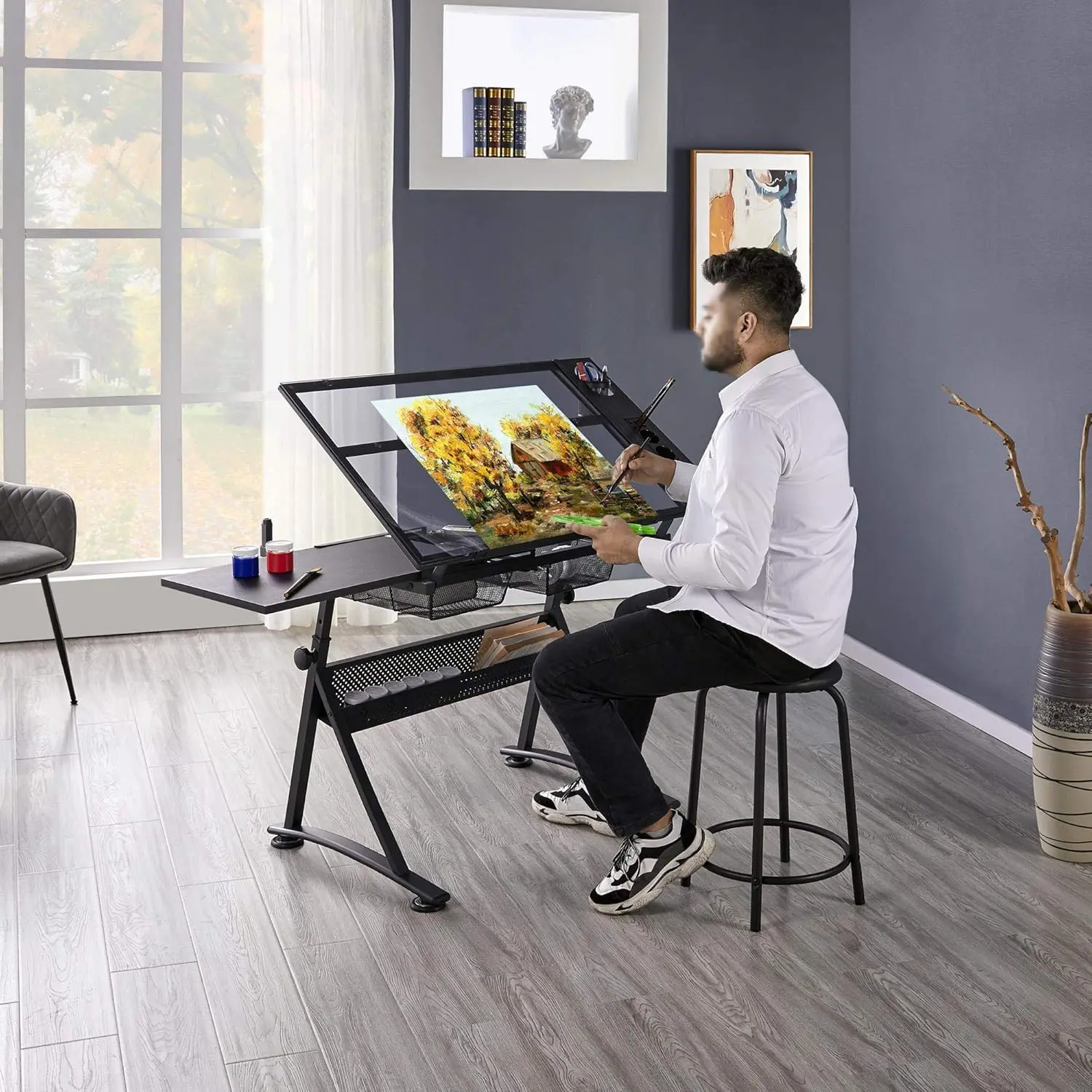 Drafting Table w/Stool Height Adjustable Multifunctional Art Craft Artists Desk Tilting Glass Tabletop Diamond Paintings