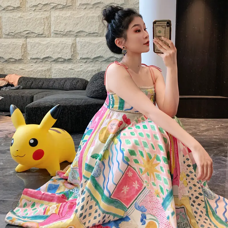 Summer Comfortable Holiday Romantic Oil Painting Print 4-meter Hem Loose Vintage Strap Dress Midi Dress