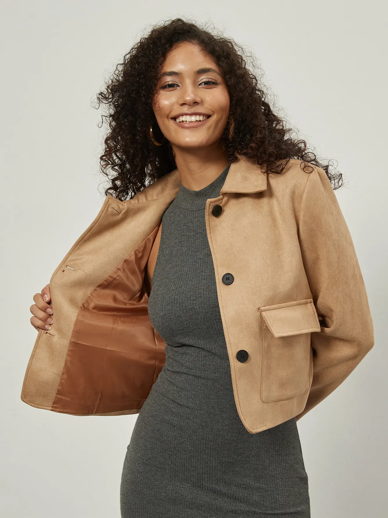 Women's European and American Style Fashionable Simple Temperament Suede Lapel Jacket for Autumn and Winter