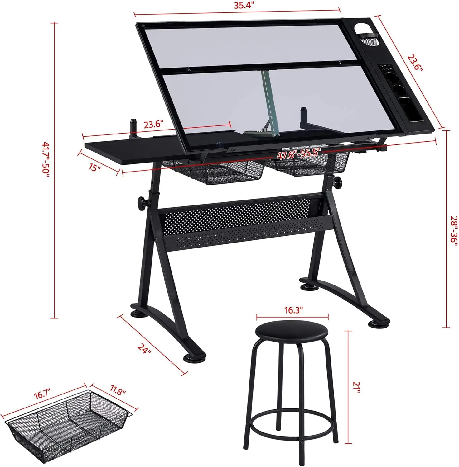 Drafting Table w/Stool Height Adjustable Multifunctional Art Craft Artists Desk Tilting Glass Tabletop Diamond Paintings