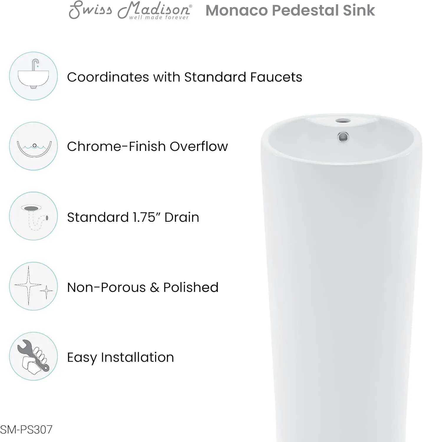 Well Made Forever SM-PS307 Monaco Pedestal Sink, Glossy White