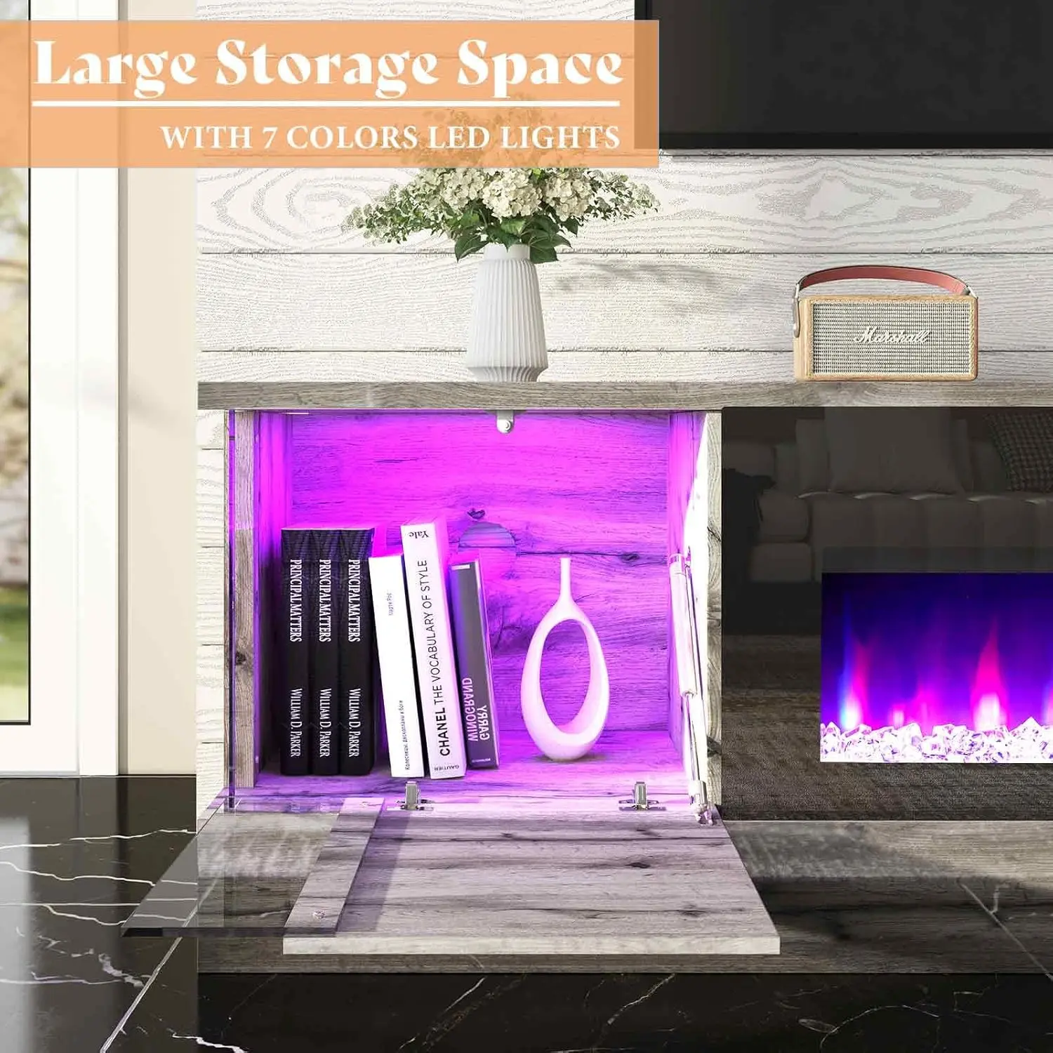Glossy Oak Fireplace TV Stand with 36" Fireplace, 70" LED Lights Entertainment Center with Flip Doors & Corner Glass Decor