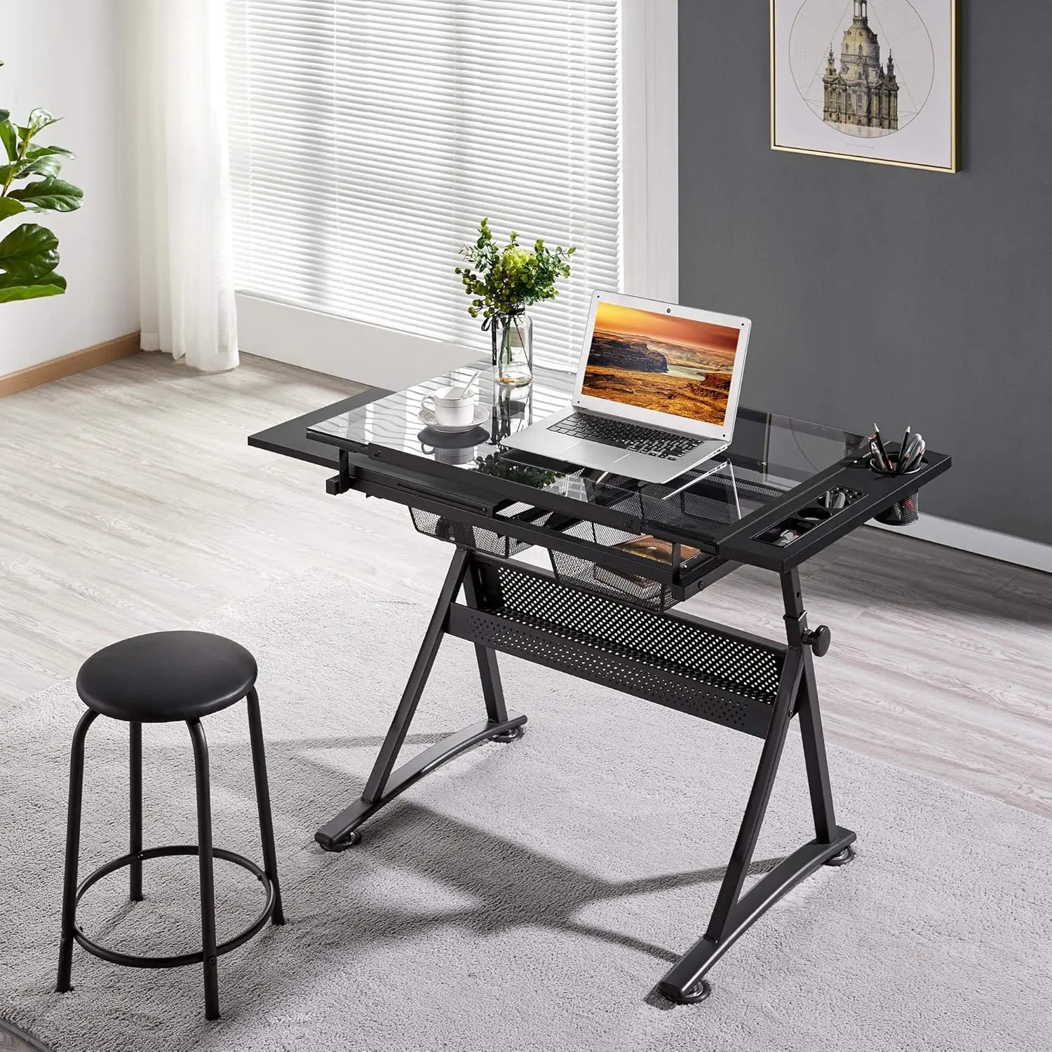 Drafting Table w/Stool Height Adjustable Multifunctional Art Craft Artists Desk Tilting Glass Tabletop Diamond Paintings