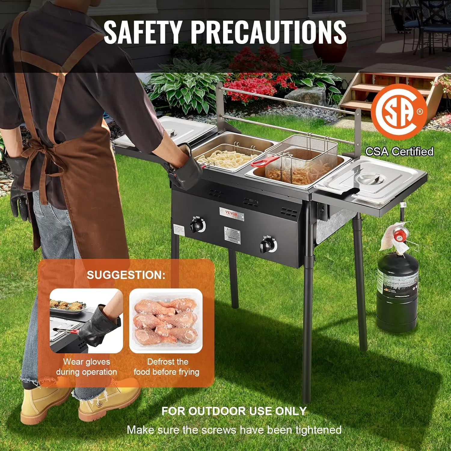 Outdoor Propane Deep Fryer, Double Burners Commercial Fryer, 16 Qt Stainless Steel Cooker with Removable Baskets & Lids & Tanks