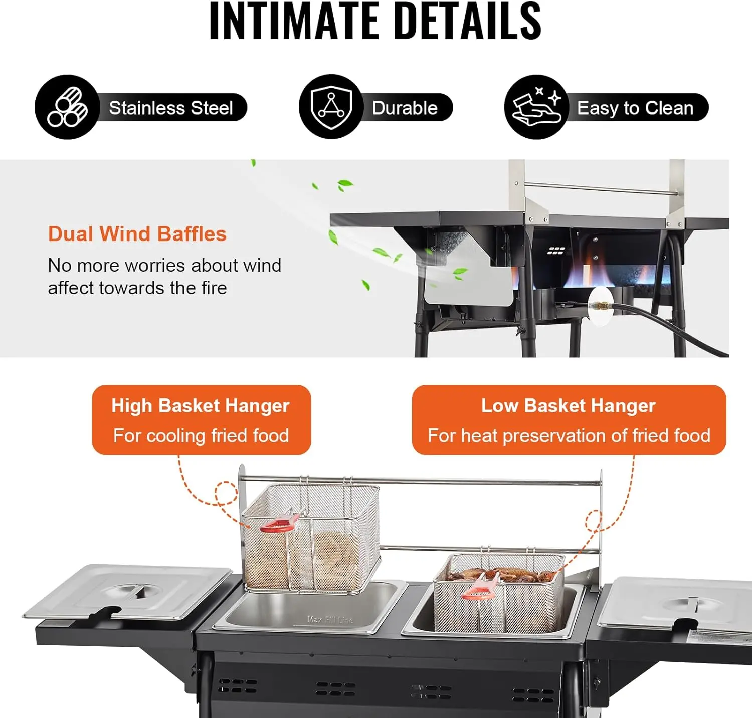 Outdoor Propane Deep Fryer, Double Burners Commercial Fryer, 16 Qt Stainless Steel Cooker with Removable Baskets & Lids & Tanks