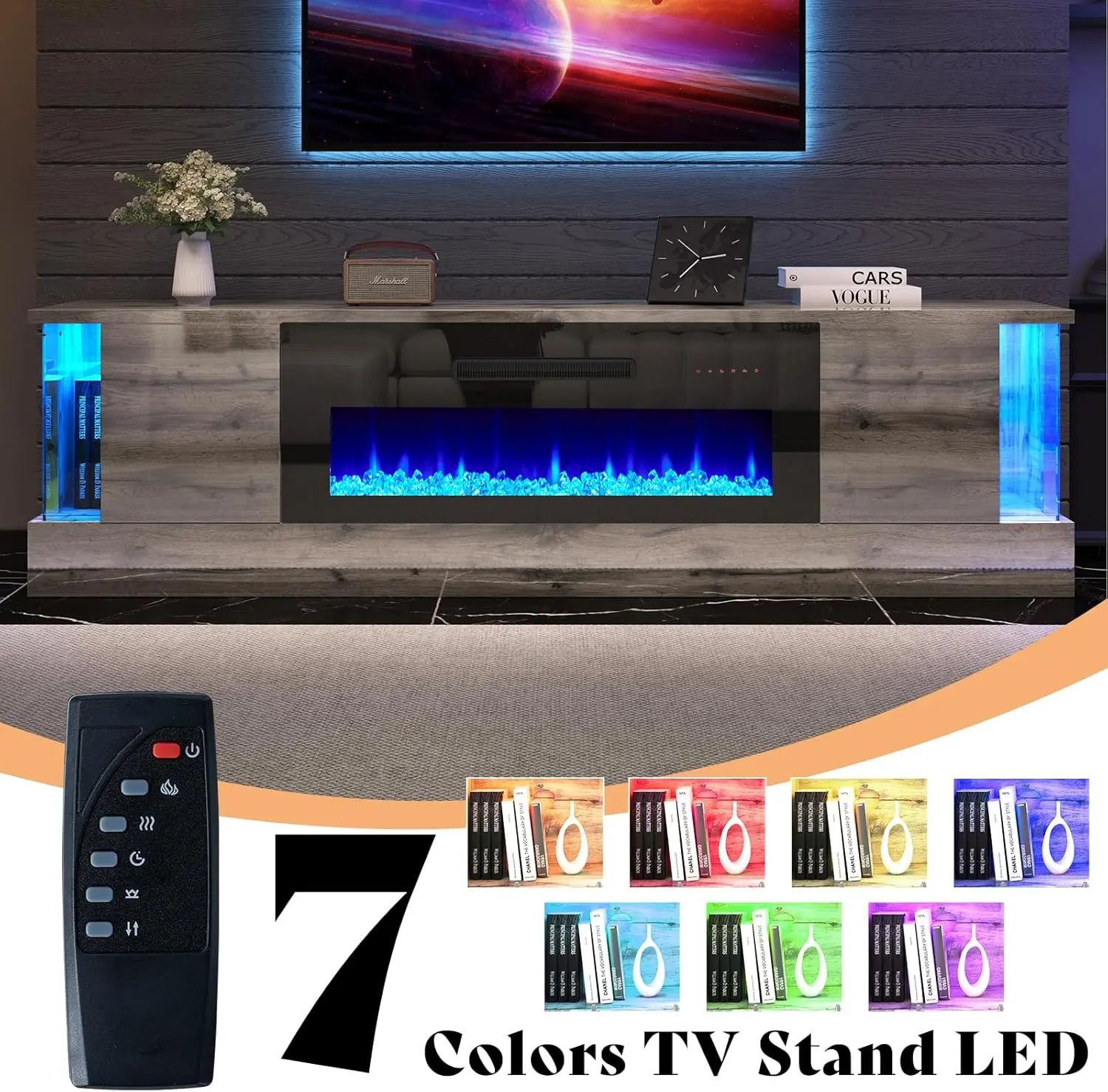 Glossy Oak Fireplace TV Stand with 36" Fireplace, 70" LED Lights Entertainment Center with Flip Doors & Corner Glass Decor