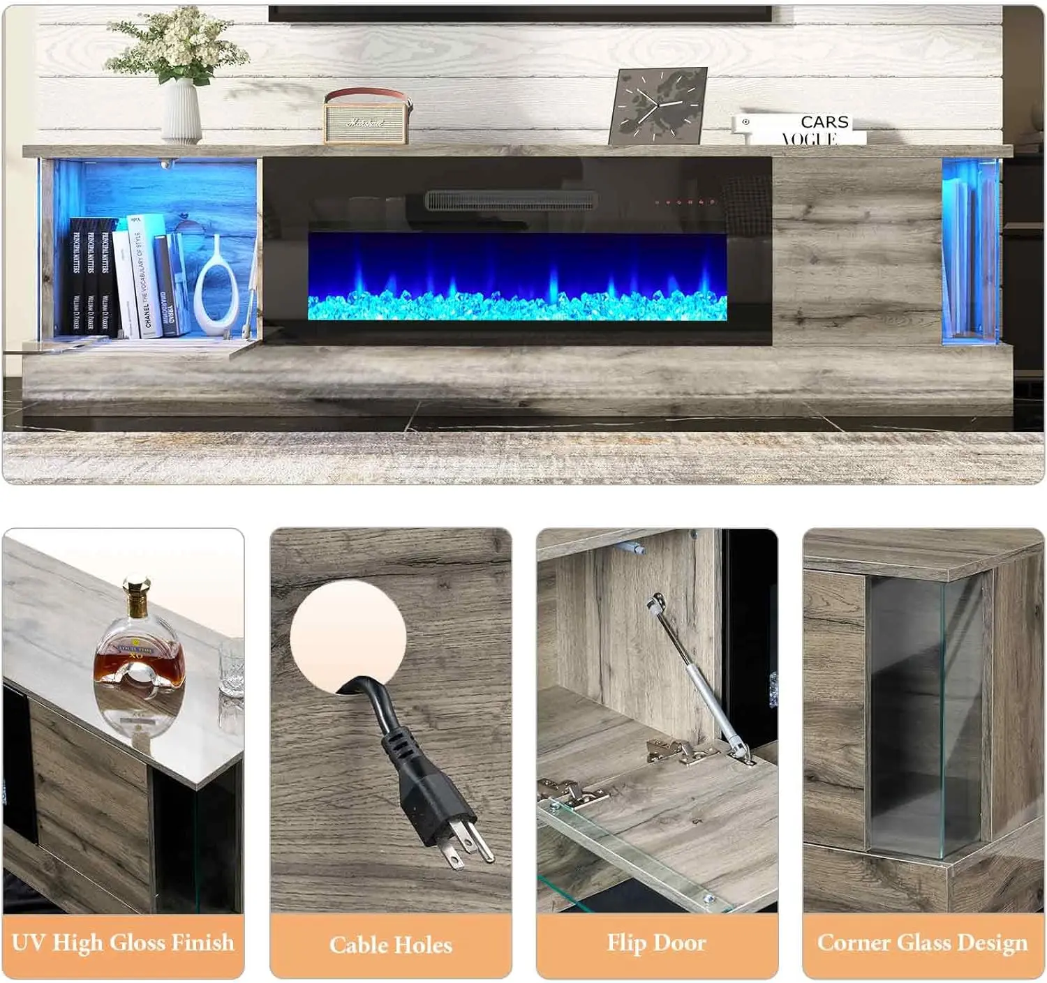 Glossy Oak Fireplace TV Stand with 36" Fireplace, 70" LED Lights Entertainment Center with Flip Doors & Corner Glass Decor