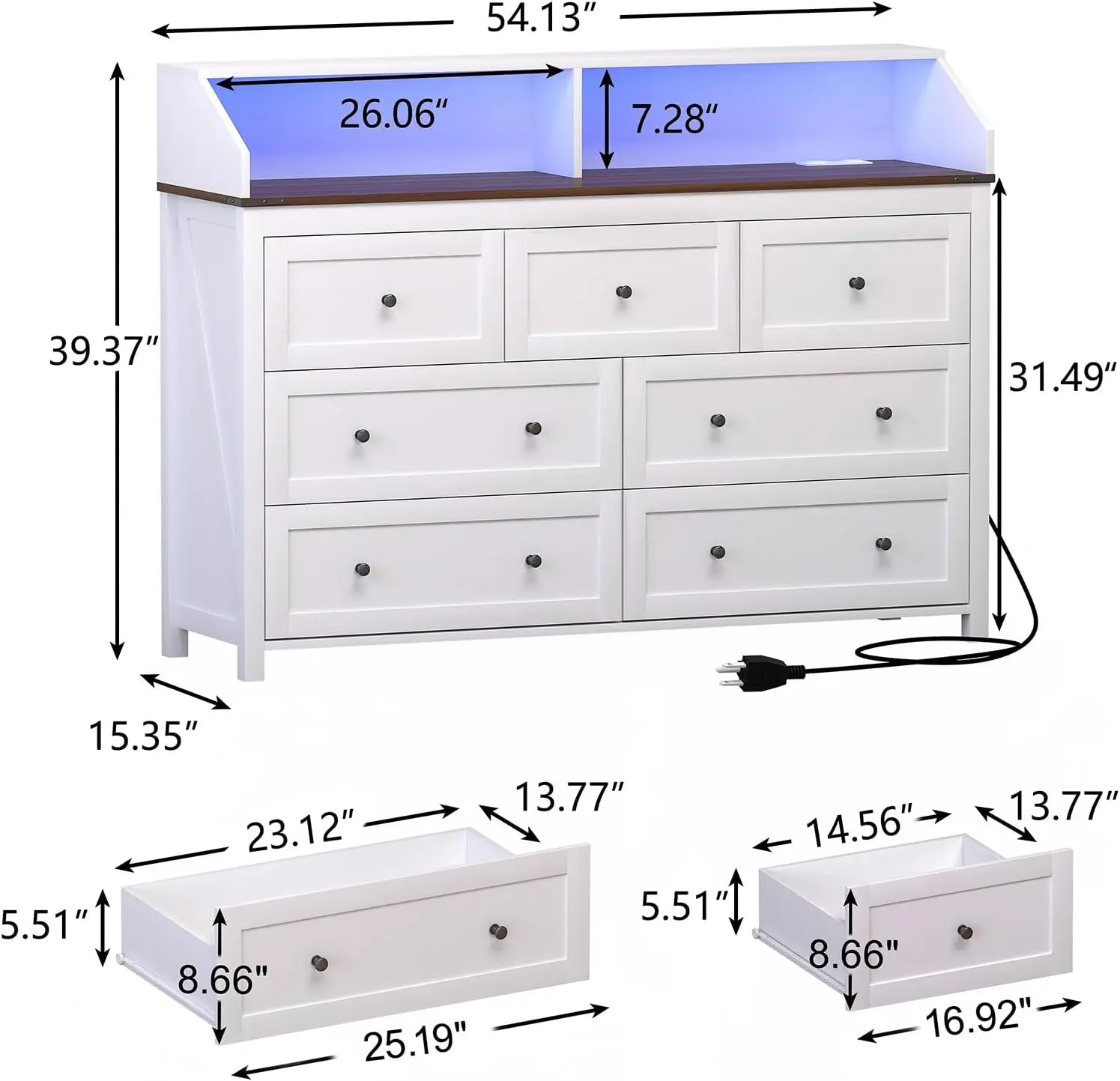 LED Dresser with Charging Station, 7 Drawer Dresser for Bedroom, Chest of Drawers with LED Lights, Wood Dresser for Closet