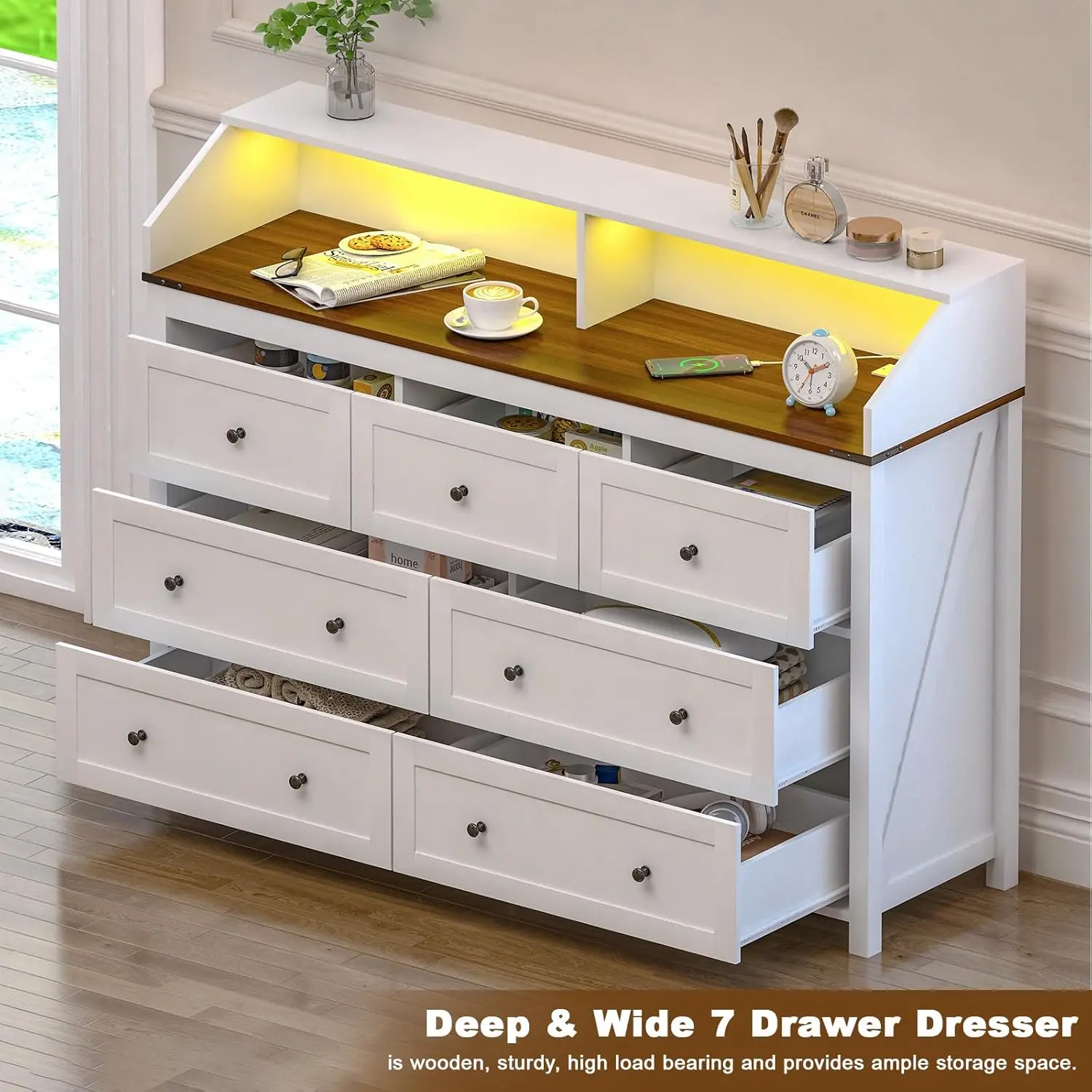 LED Dresser with Charging Station, 7 Drawer Dresser for Bedroom, Chest of Drawers with LED Lights, Wood Dresser for Closet