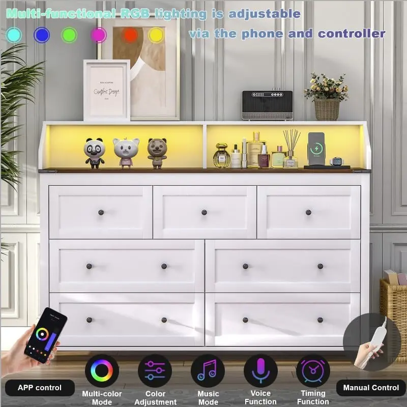 LED Dresser with Charging Station, 7 Drawer Dresser for Bedroom, Chest of Drawers with LED Lights, Wood Dresser for Closet