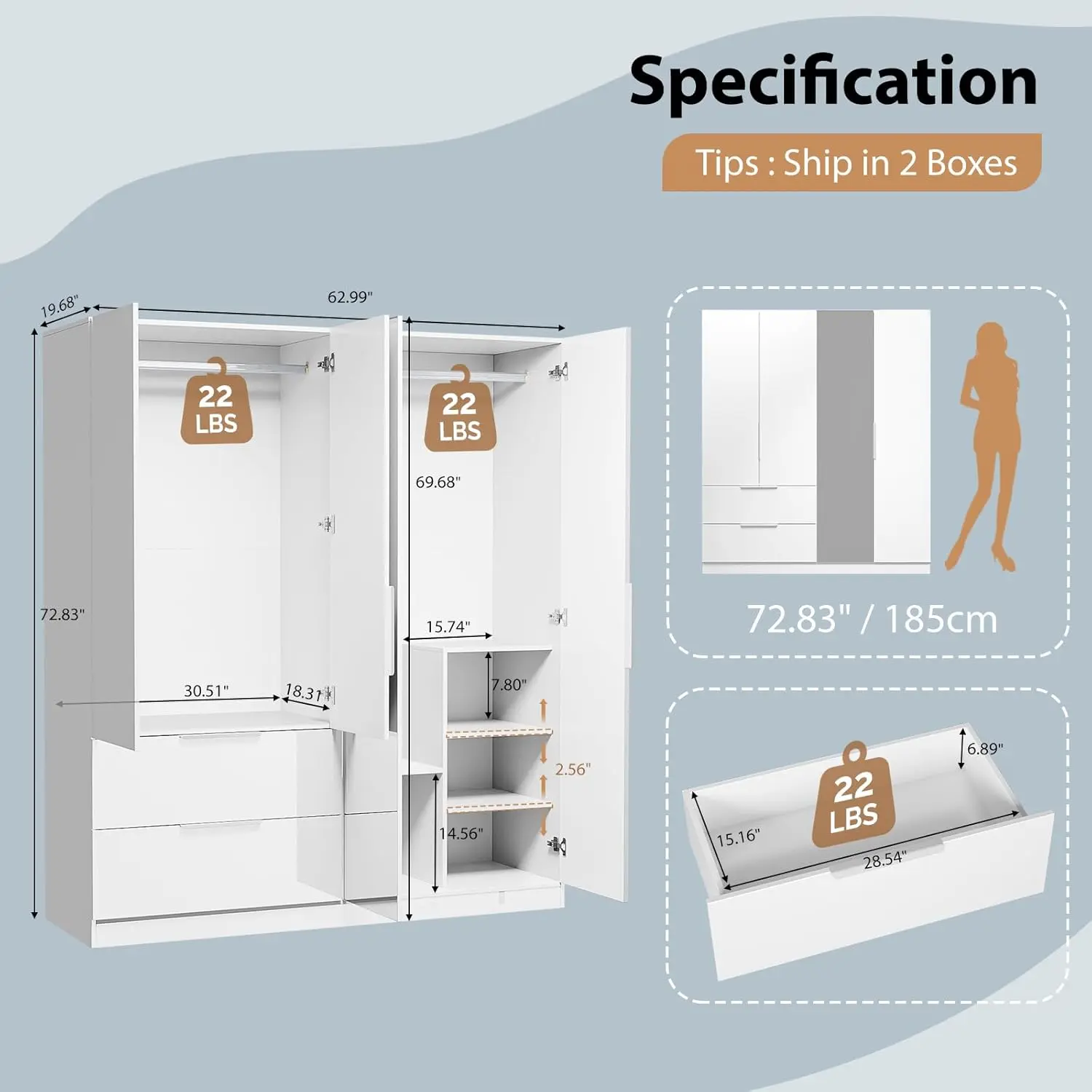 63" W x 72" High Gloss Wardrobe Closet with Mirror Doors and Drawers, 4 Door Armoire Wardrobe Closet with Drawers