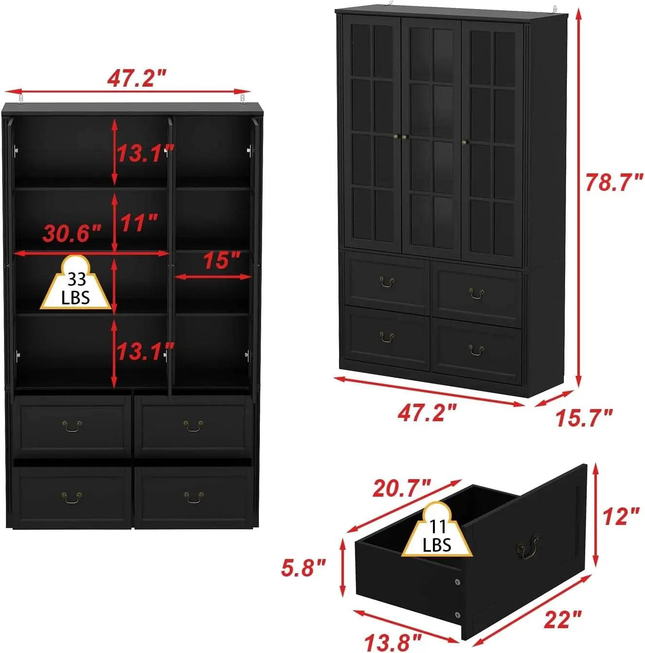 78.7" H Bookcase Bookshelf with 8-Tier Shelves, 4 Drawers & 3 Glass Doors, Modern Display Storage Cabinet for Home Office