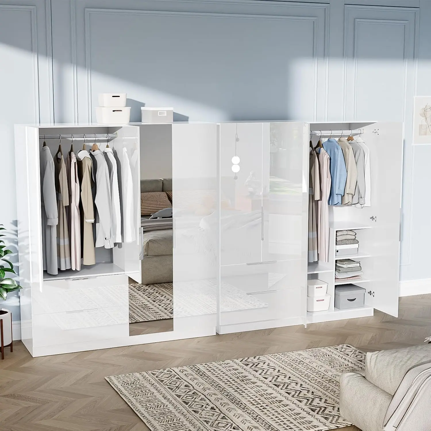 63" W x 72" High Gloss Wardrobe Closet with Mirror Doors and Drawers, 4 Door Armoire Wardrobe Closet with Drawers