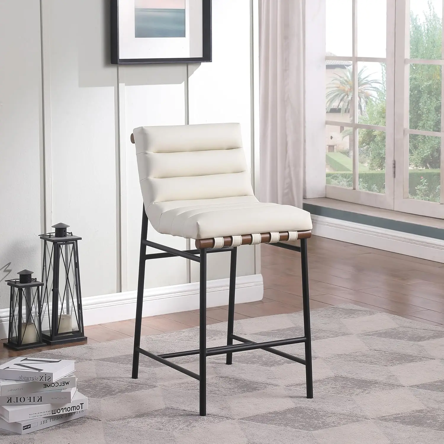813Cream-C Burke Collection Modern | Contemporary Counter Stool with Soft Cream Vegan Leather,  Matte Black Metal Frame, Cream