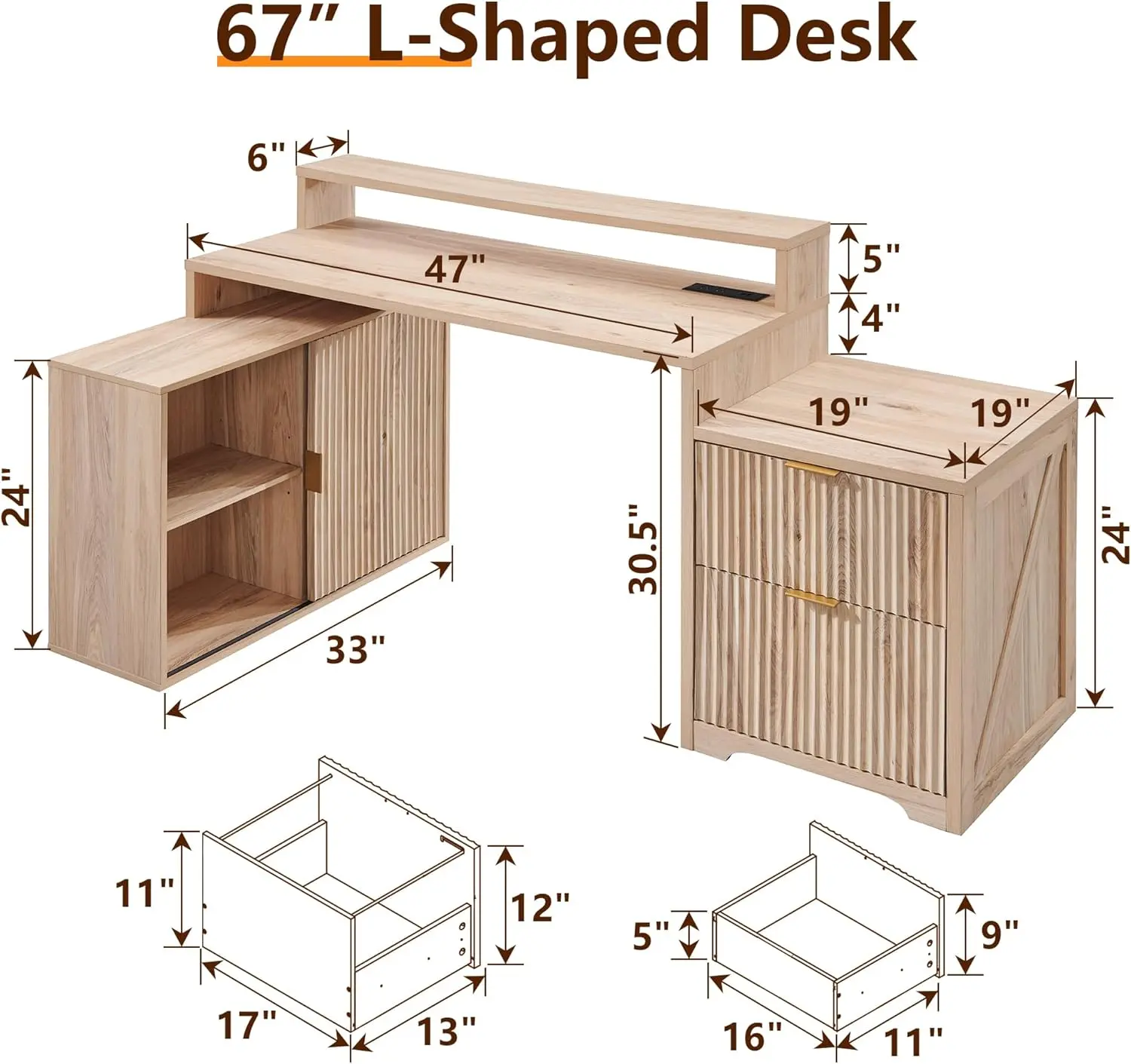 67" Modern L Shaped Desk with Storage Cabinet & Drawers, Wood Home Office Desk with Power Outlets, Fluted Computer