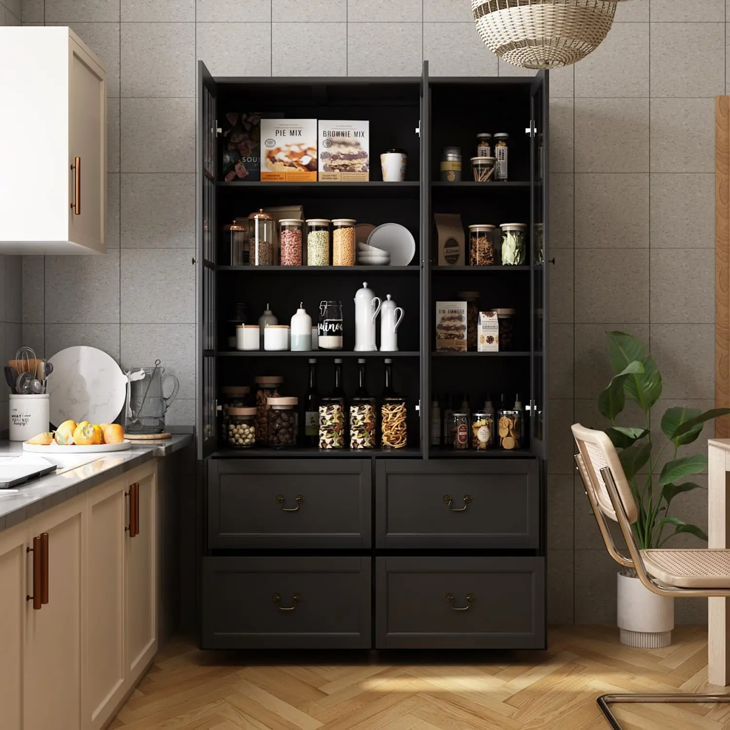 78.7" H Bookcase Bookshelf with 8-Tier Shelves, 4 Drawers & 3 Glass Doors, Modern Display Storage Cabinet for Home Office
