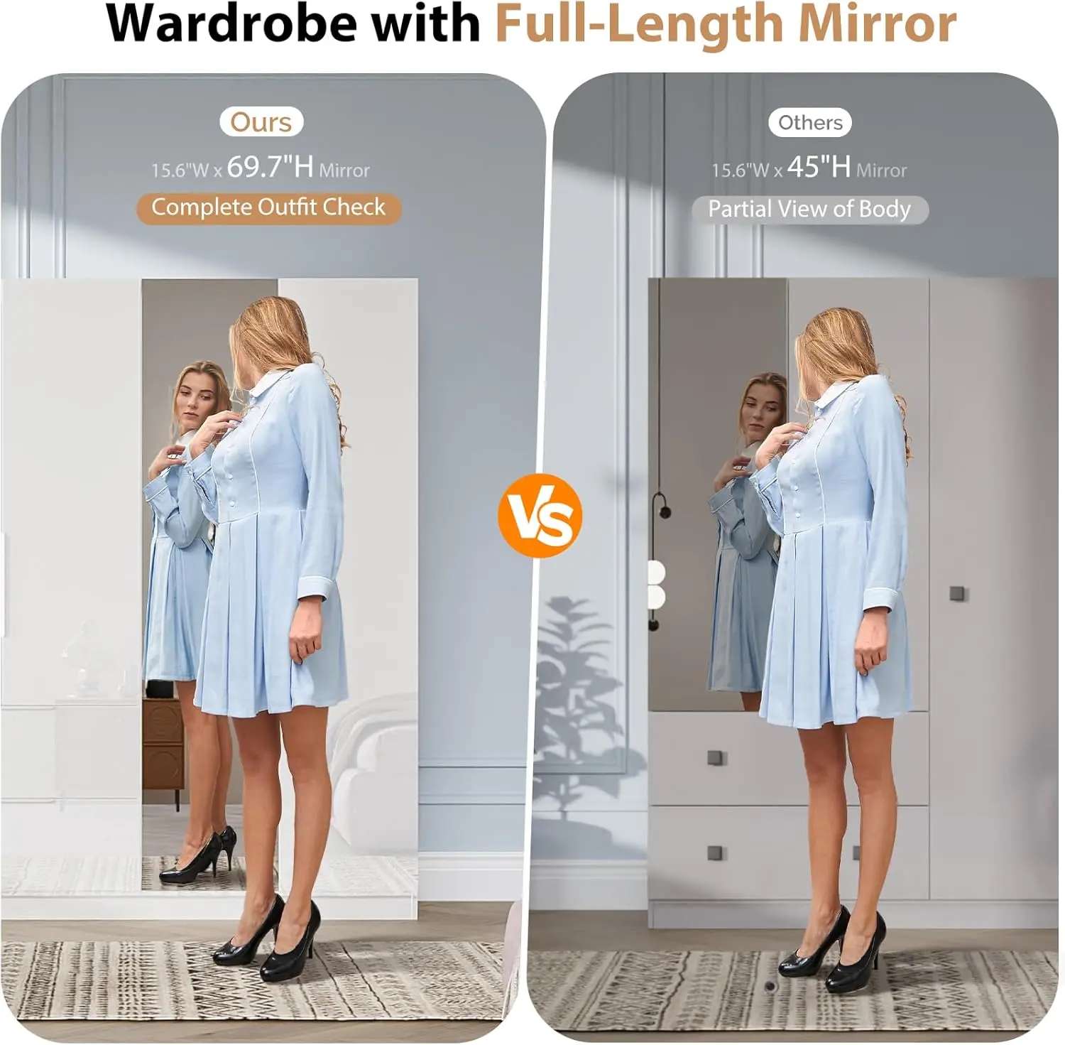 63" W x 72" High Gloss Wardrobe Closet with Mirror Doors and Drawers, 4 Door Armoire Wardrobe Closet with Drawers