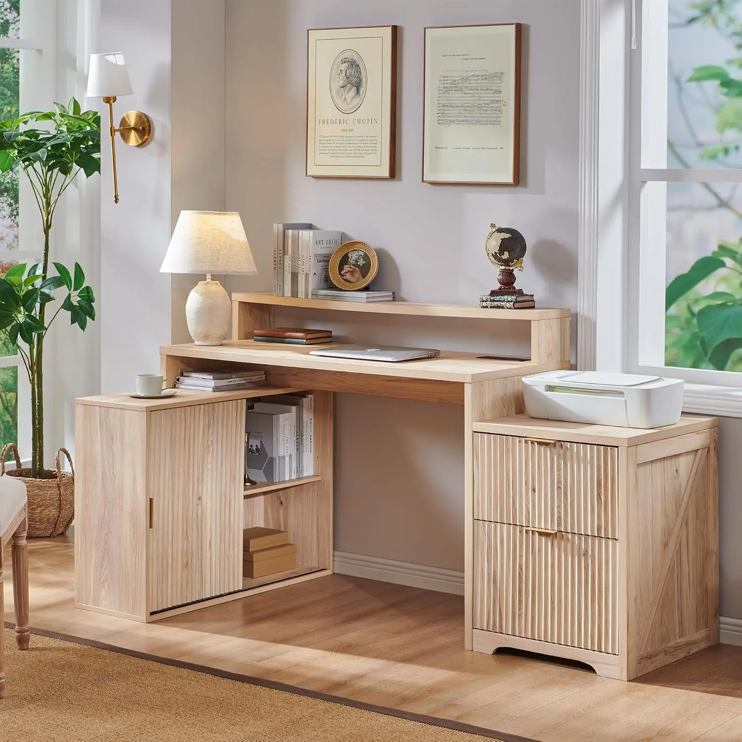 67" Modern L Shaped Desk with Storage Cabinet & Drawers, Wood Home Office Desk with Power Outlets, Fluted Computer