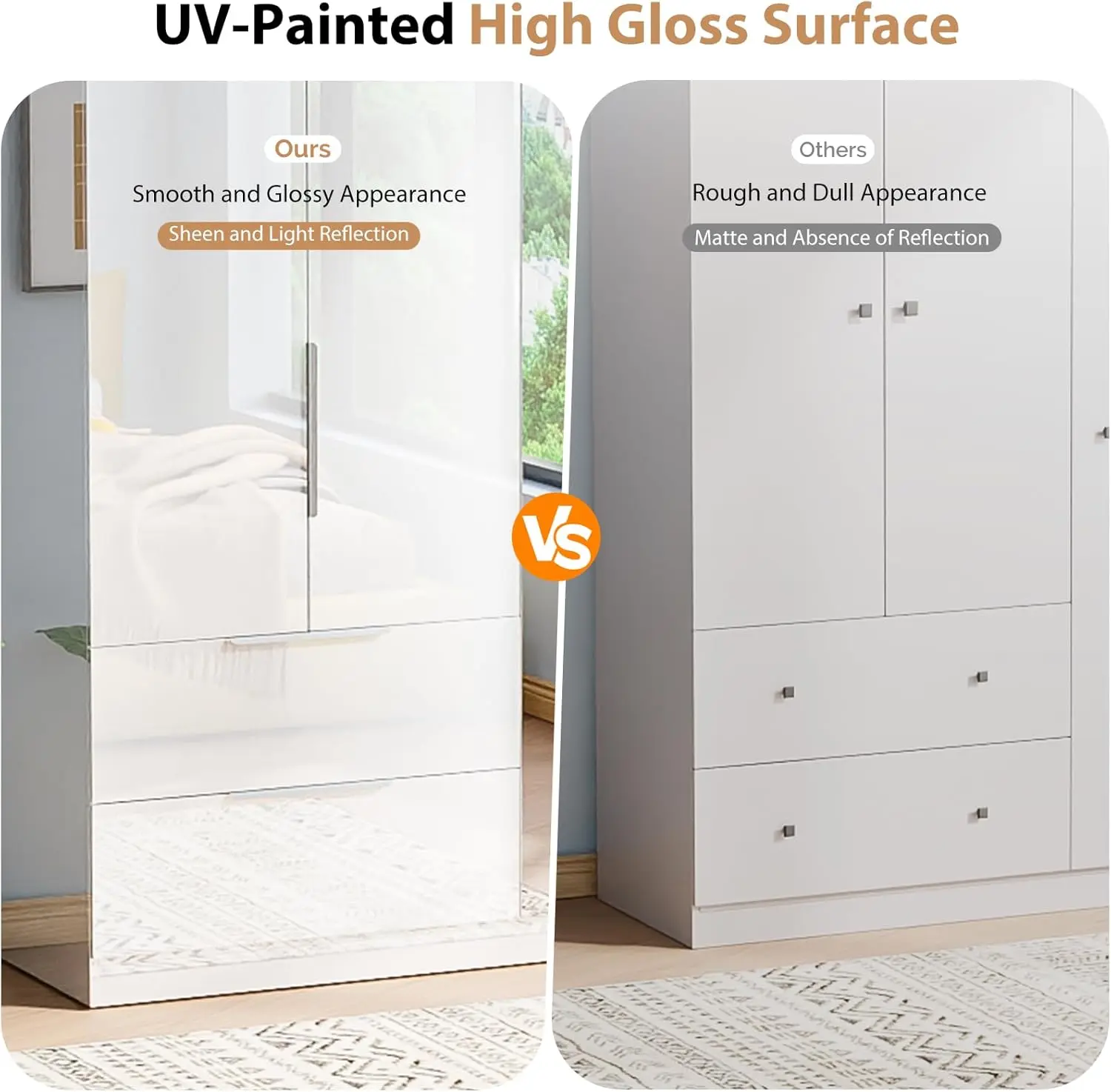 63" W x 72" High Gloss Wardrobe Closet with Mirror Doors and Drawers, 4 Door Armoire Wardrobe Closet with Drawers