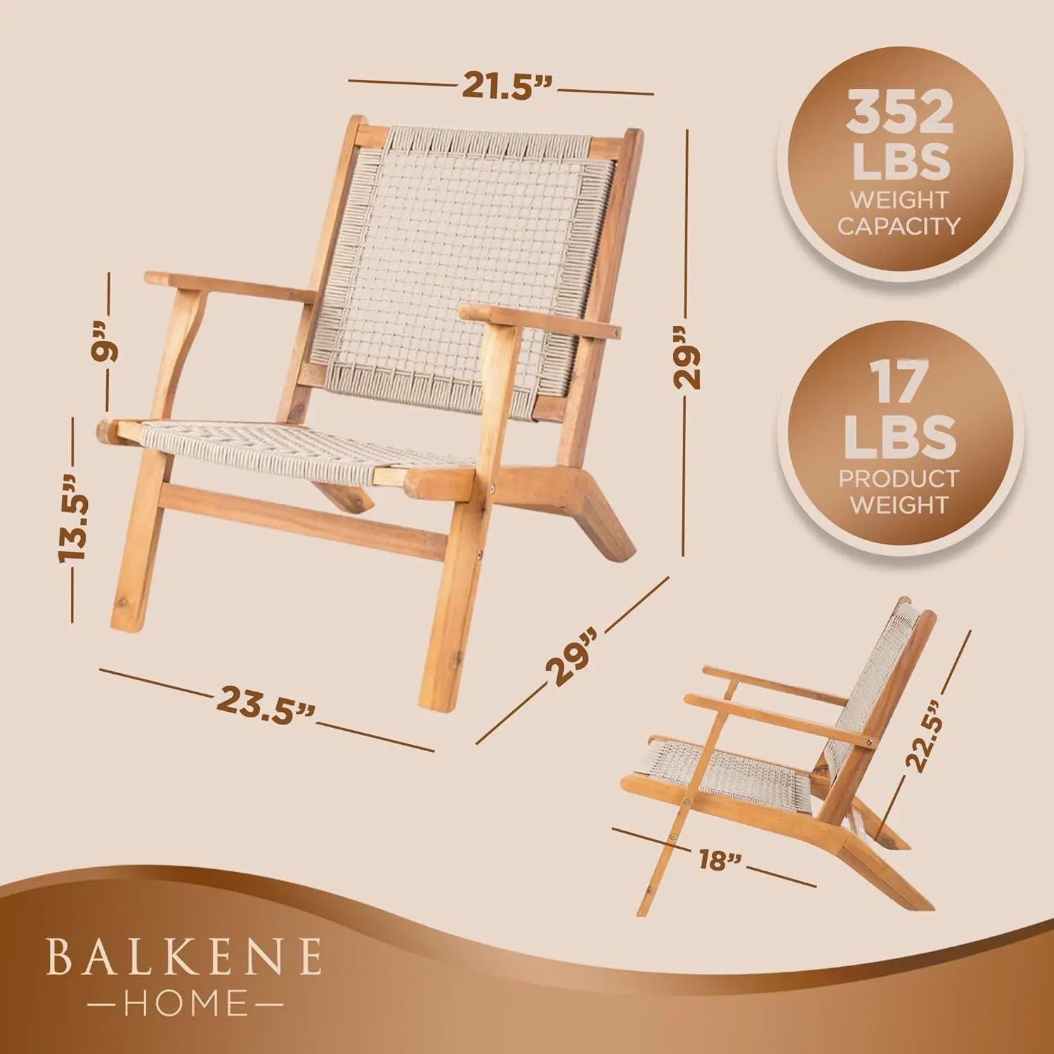 Balkene Home 63635 Vega Natural Stain Outdoor Chair Acacia Wood Construction Woven Web Seat Mid Century