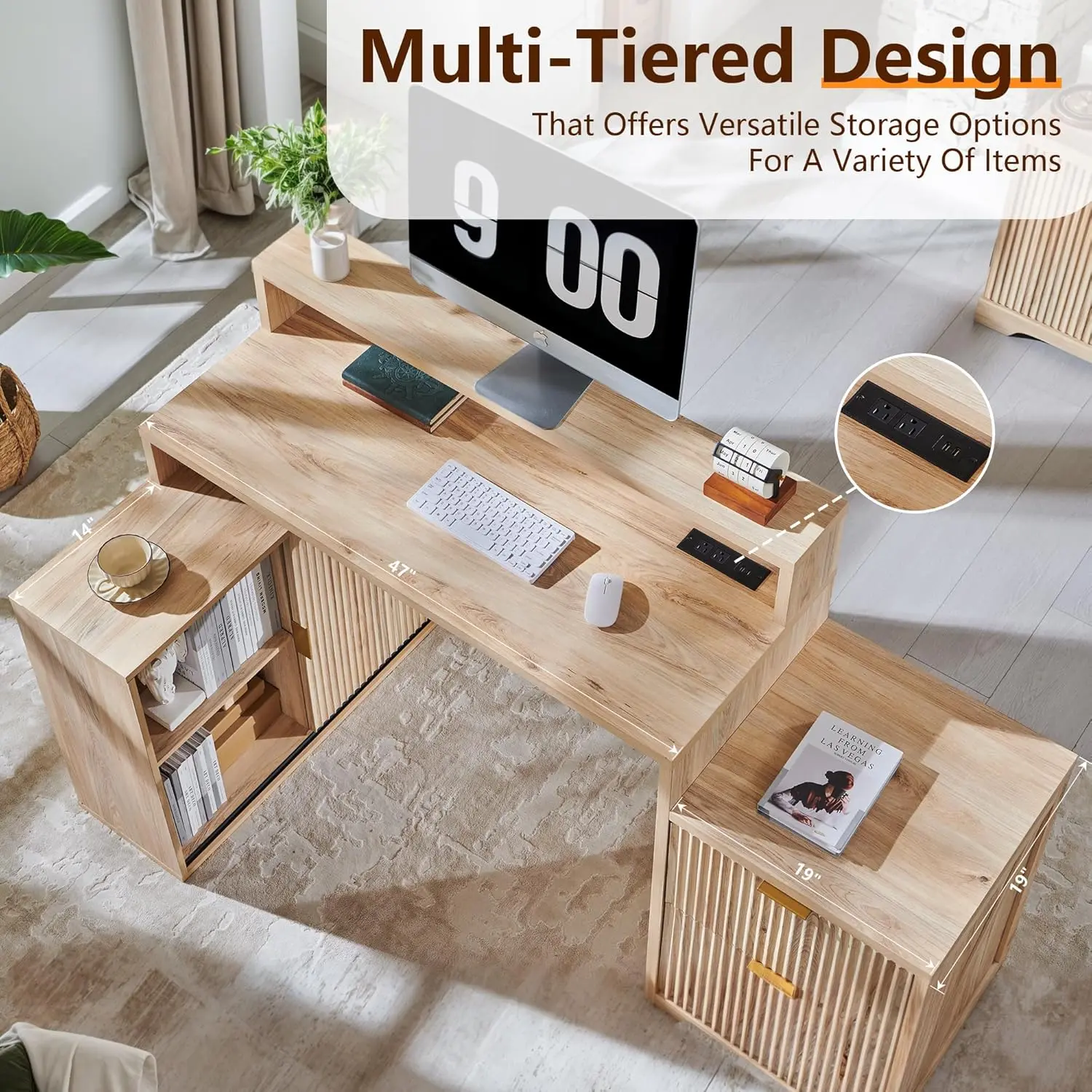 67" Modern L Shaped Desk with Storage Cabinet & Drawers, Wood Home Office Desk with Power Outlets, Fluted Computer