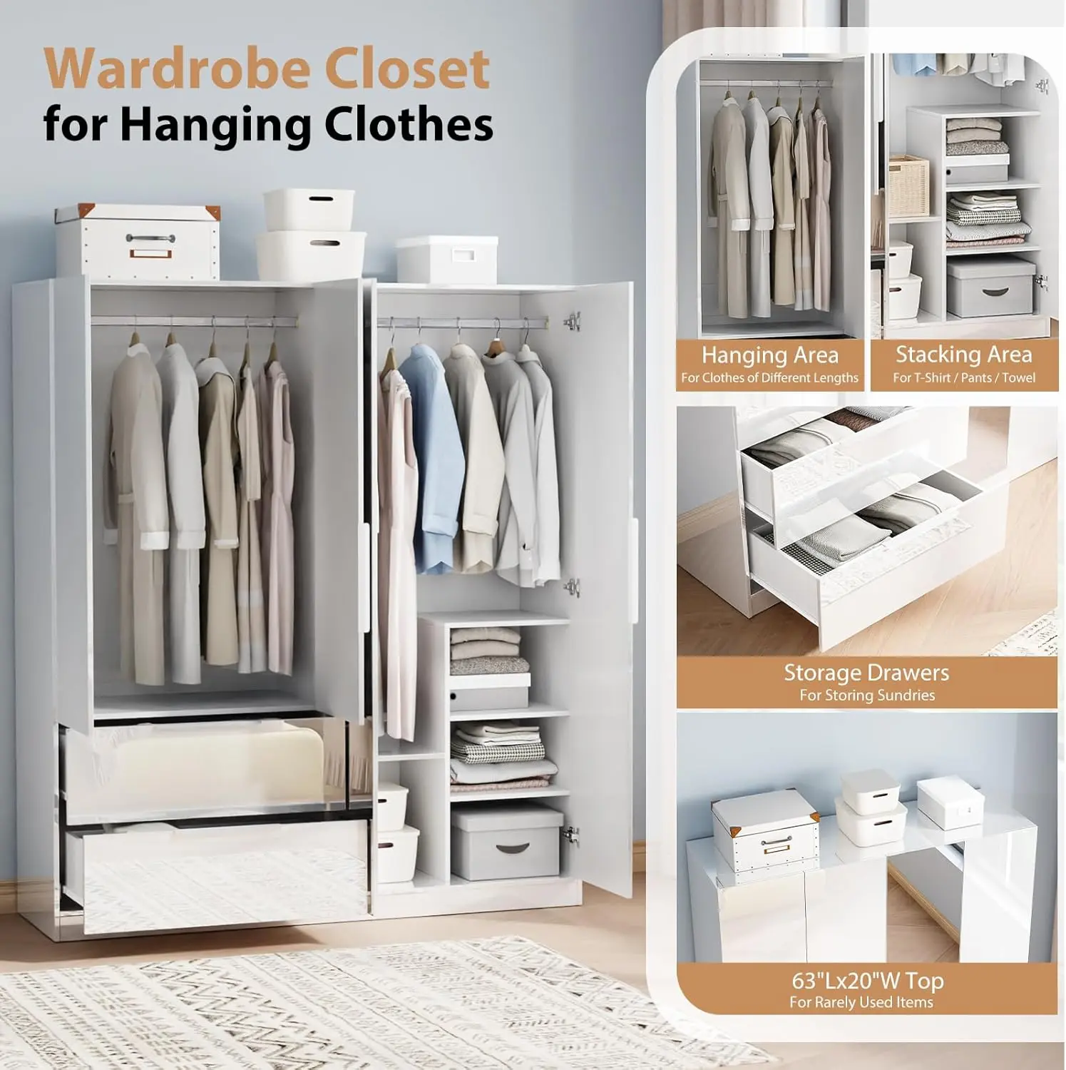 63" W x 72" High Gloss Wardrobe Closet with Mirror Doors and Drawers, 4 Door Armoire Wardrobe Closet with Drawers