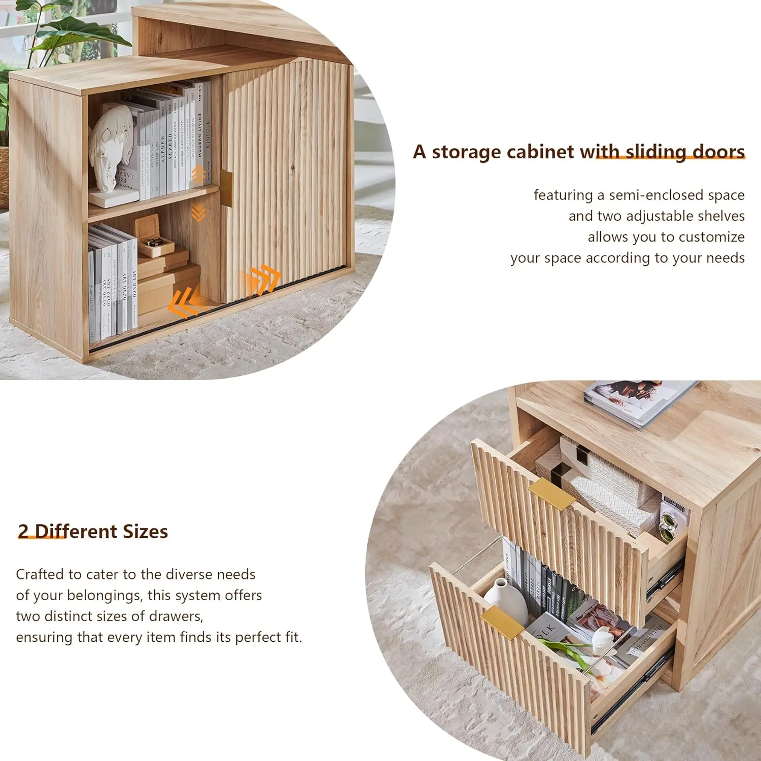 67" Modern L Shaped Desk with Storage Cabinet & Drawers, Wood Home Office Desk with Power Outlets, Fluted Computer