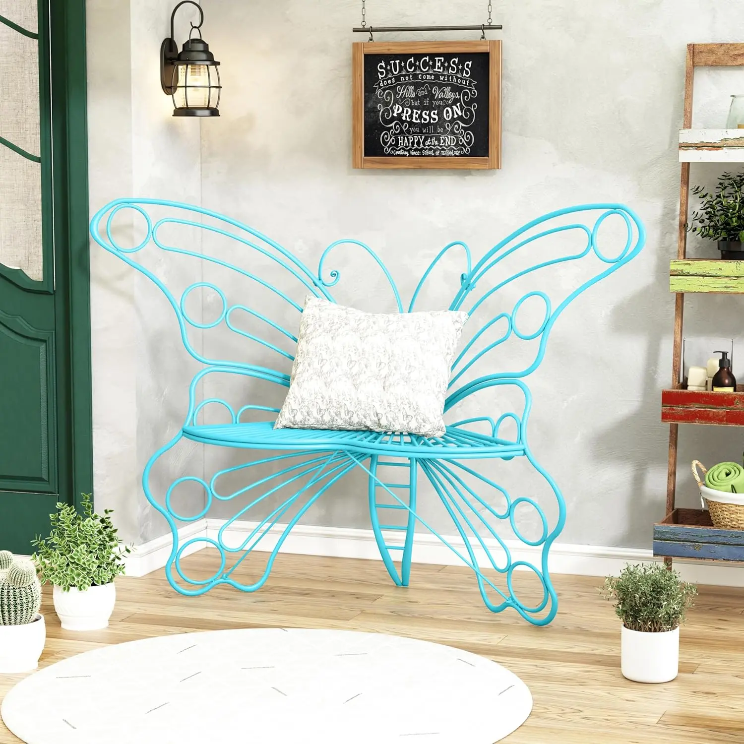 50 Inches Outdoor Bench, Garden Bench with Sturdy Iron Metal Frame, Pretty Butterfly Bench Front Porch Bench for Porch,Lawn