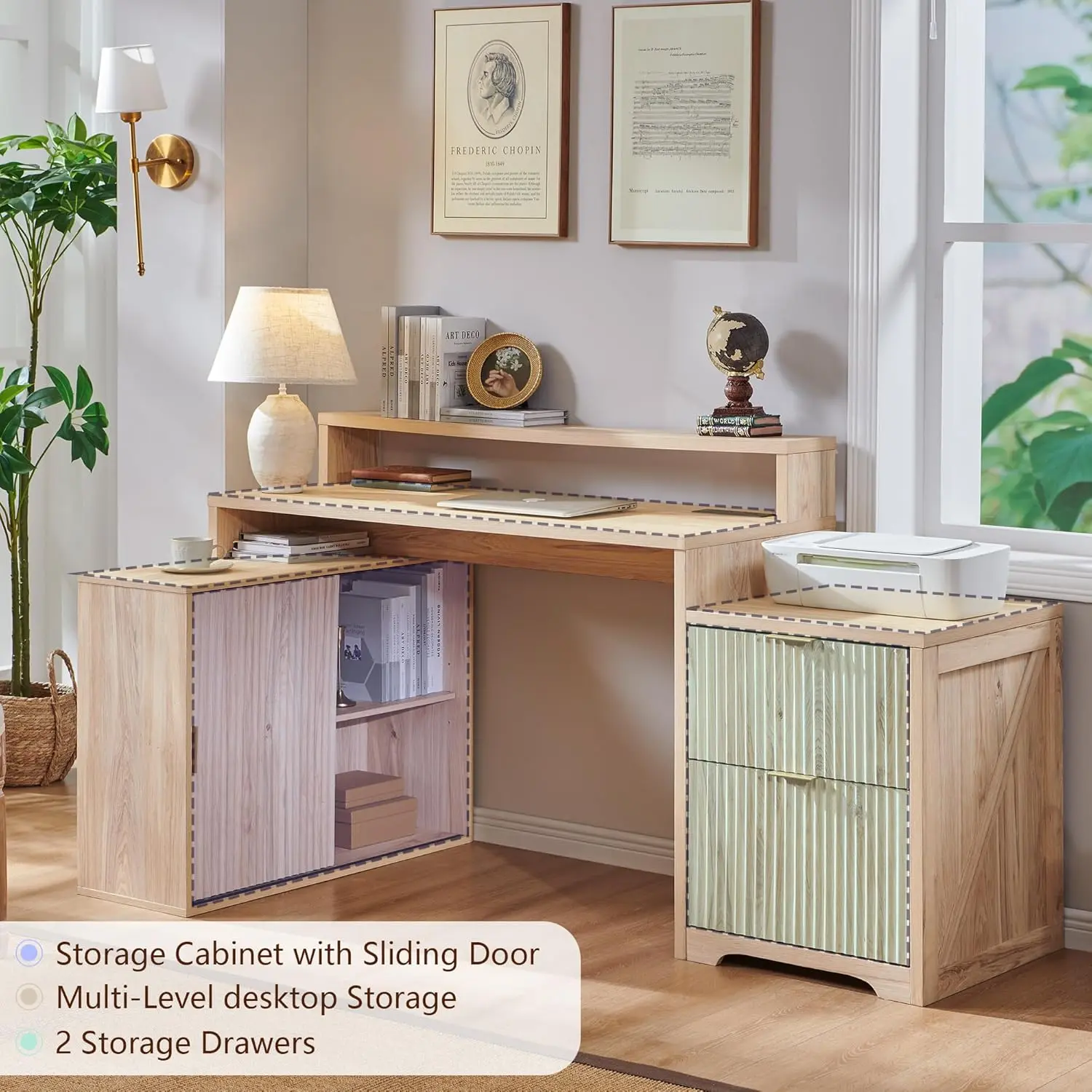 67" Modern L Shaped Desk with Storage Cabinet & Drawers, Wood Home Office Desk with Power Outlets, Fluted Computer