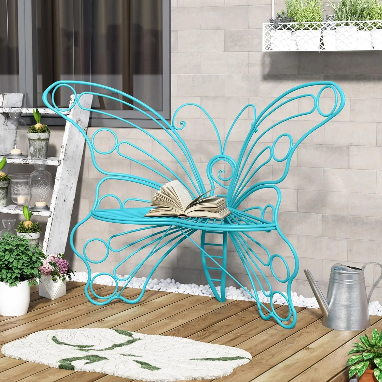 50 Inches Outdoor Bench, Garden Bench with Sturdy Iron Metal Frame, Pretty Butterfly Bench Front Porch Bench for Porch,Lawn