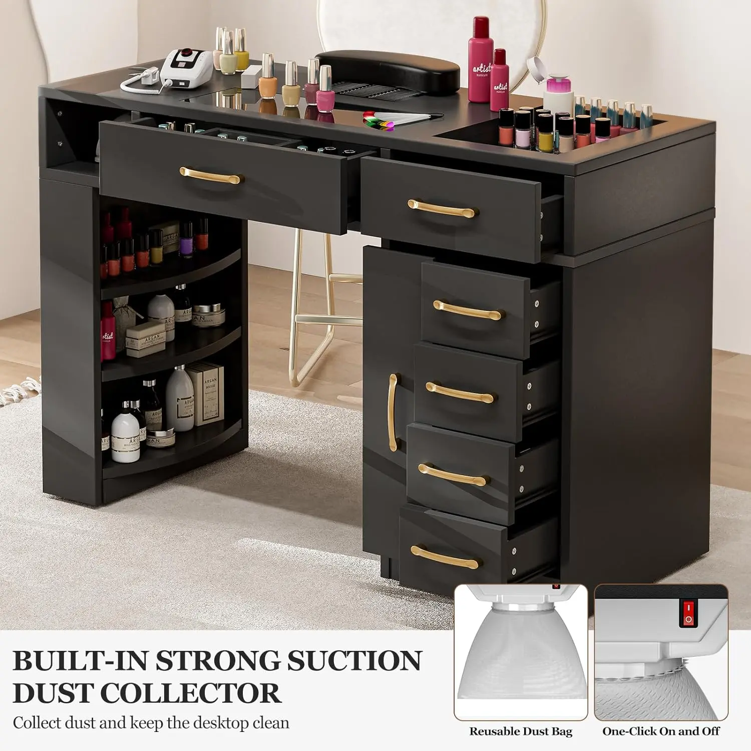 Manicure Table with Dust Collector, Glass Top Nail Tech Table Nail Desk Station w/7 Storage Drawers & 3-Tiers Open Shelves