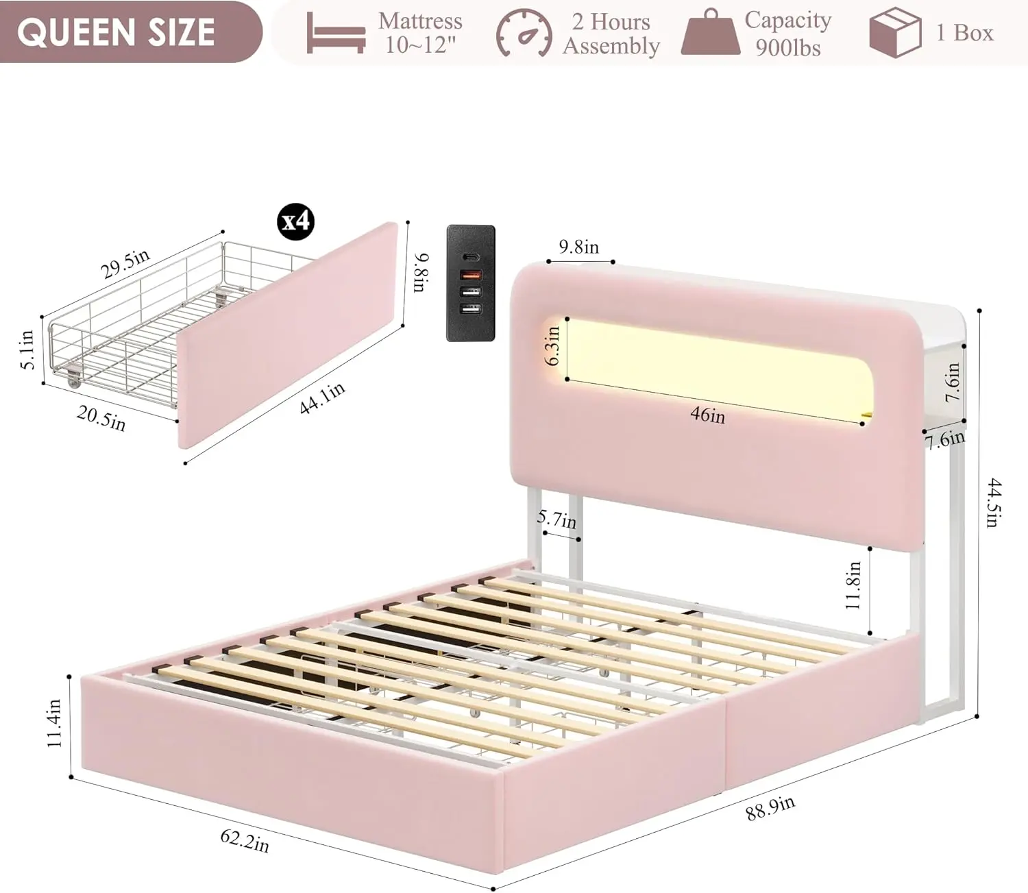 Queen LED Bed Frame with Storage Headboard and Charging Station, Girls Bed Frame with 2 Drawers and USB Ports,Pink