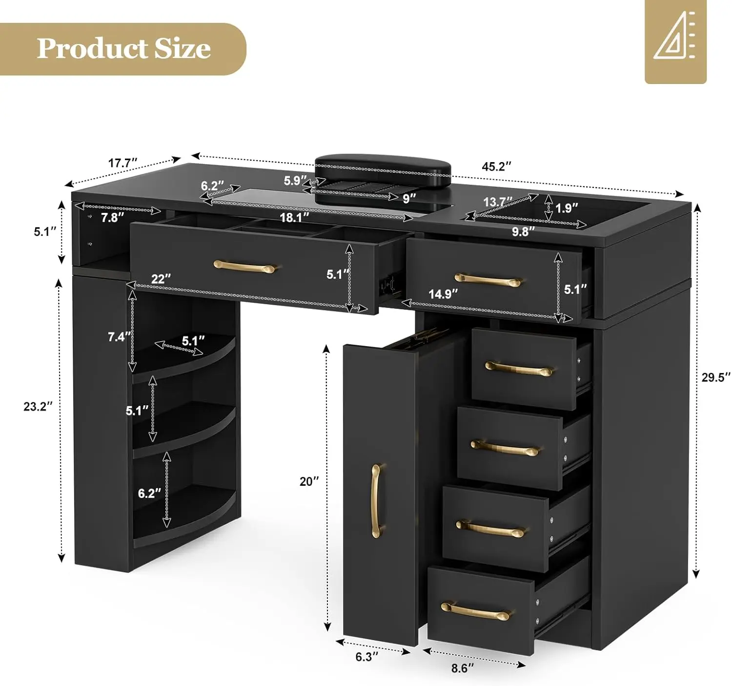 Manicure Table with Dust Collector, Glass Top Nail Tech Table Nail Desk Station w/7 Storage Drawers & 3-Tiers Open Shelves