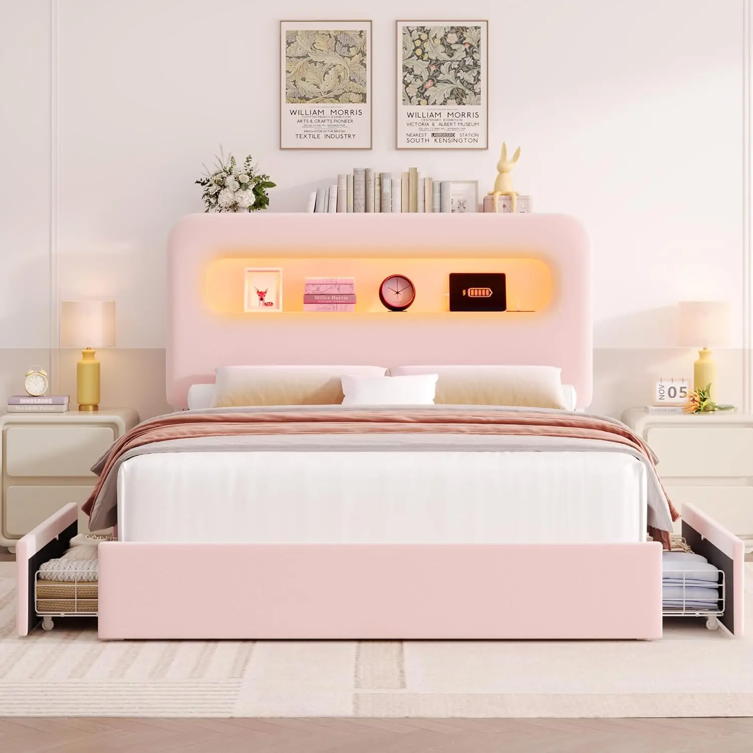 Queen LED Bed Frame with Storage Headboard and Charging Station, Girls Bed Frame with 2 Drawers and USB Ports,Pink