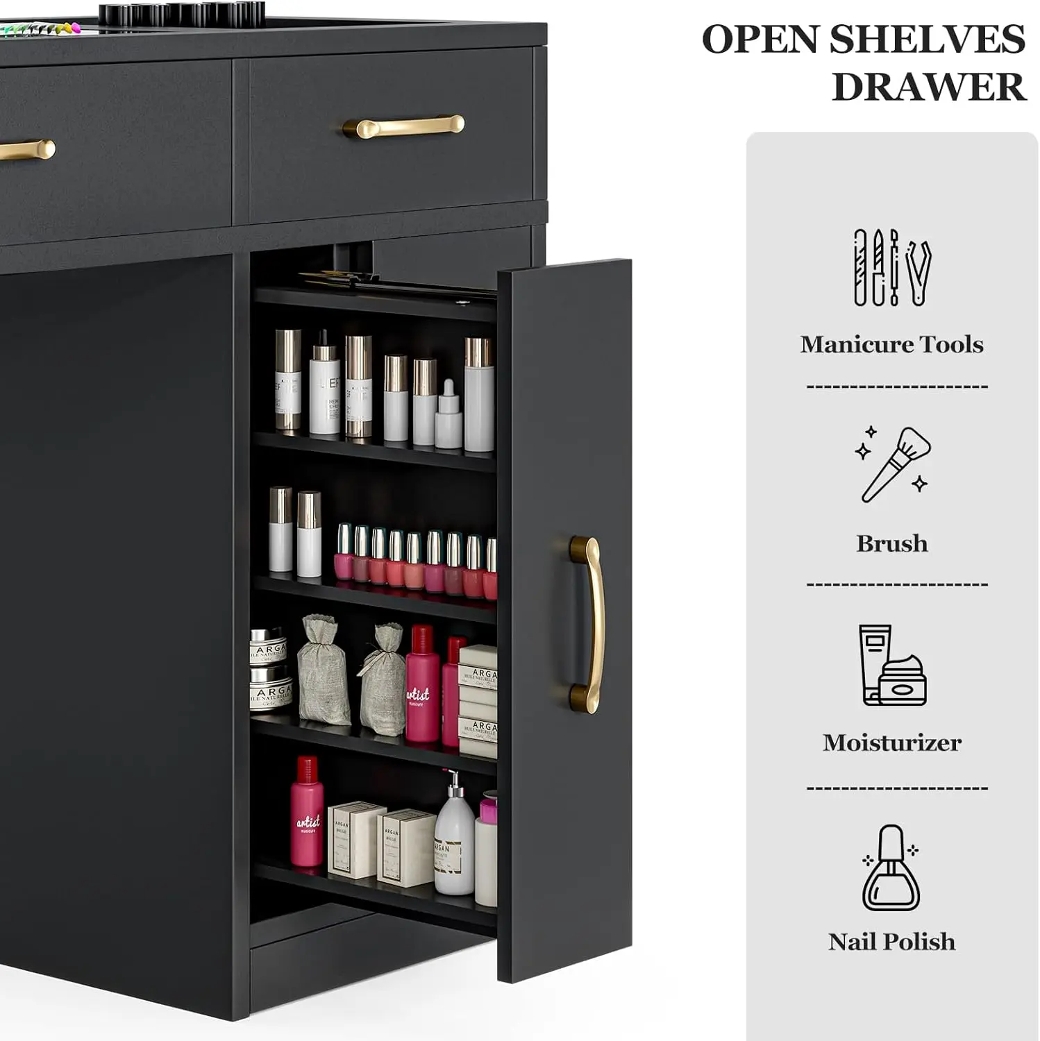 Manicure Table with Dust Collector, Glass Top Nail Tech Table Nail Desk Station w/7 Storage Drawers & 3-Tiers Open Shelves