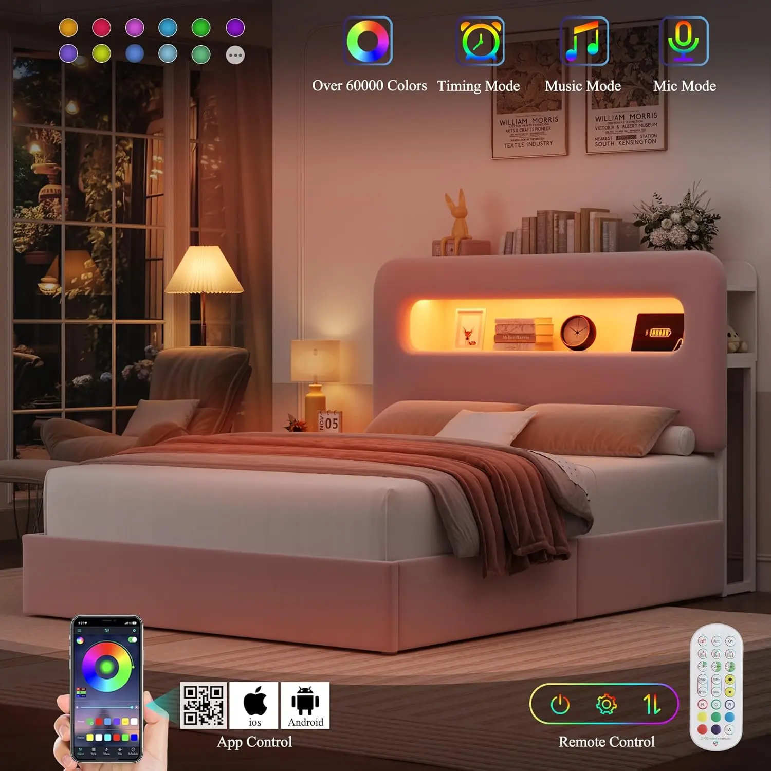 Queen LED Bed Frame with Storage Headboard and Charging Station, Girls Bed Frame with 2 Drawers and USB Ports,Pink