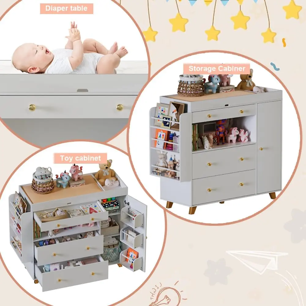 Nursery Dresser with Baby Changing Table, Modern Diaper Changing Station,Dresser for Nursery with 3 Drawers & Shelves