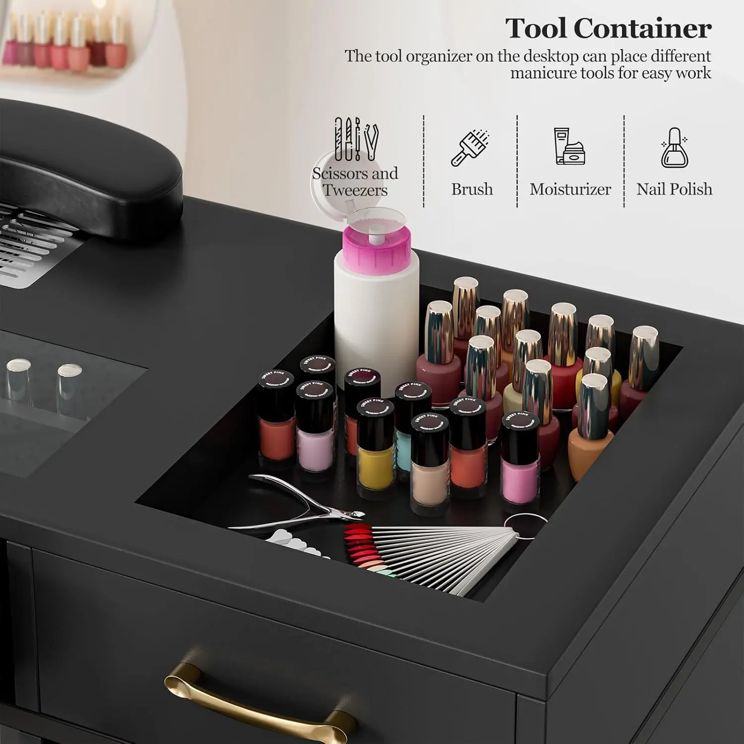 Manicure Table with Dust Collector, Glass Top Nail Tech Table Nail Desk Station w/7 Storage Drawers & 3-Tiers Open Shelves